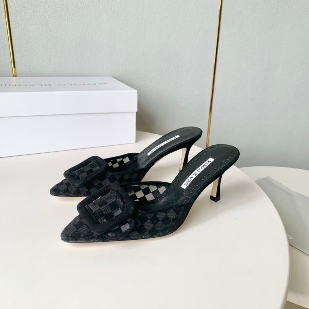 Manolo Mules Latest Checkerboard Black Fabric Leather 528010