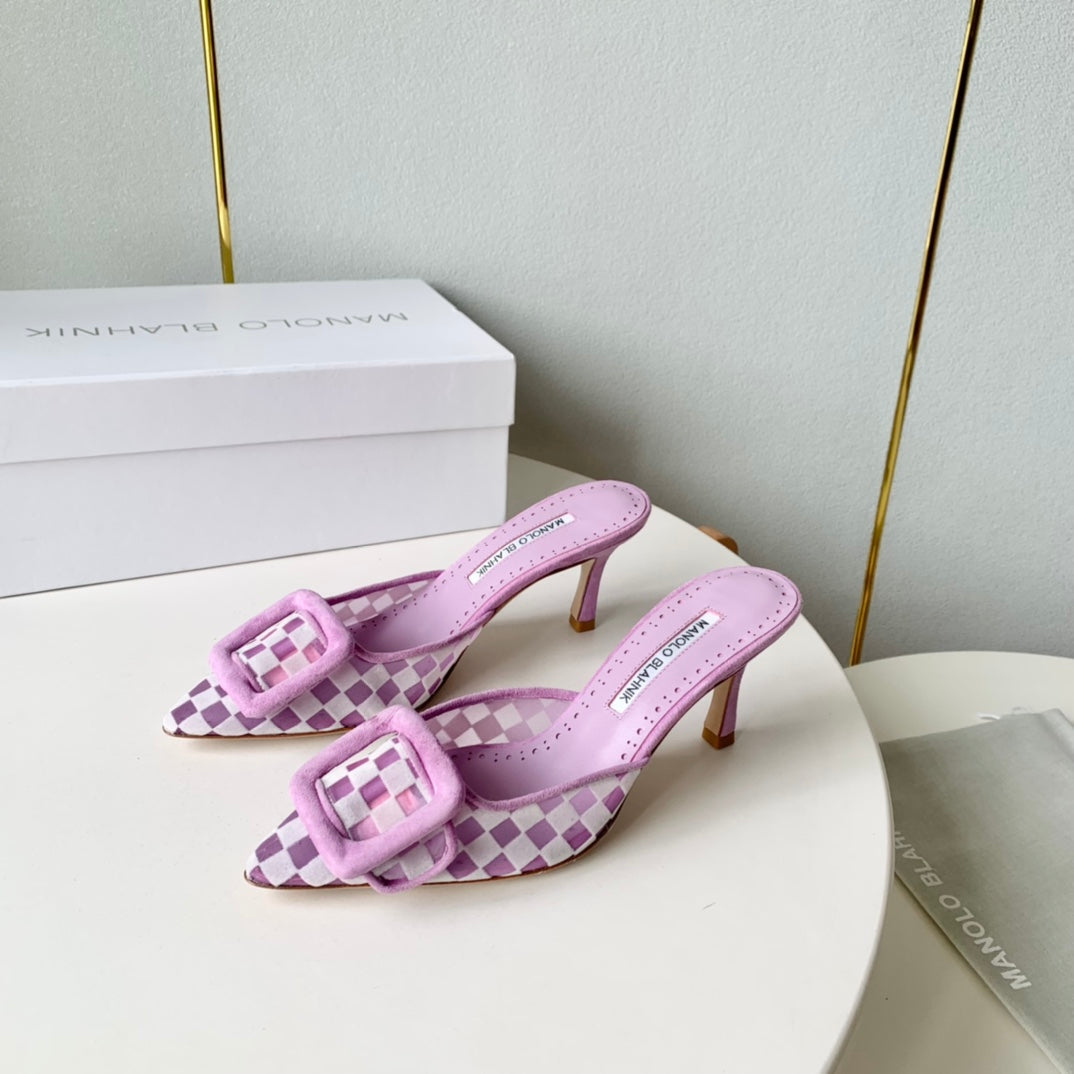 Manolo Mules 7cm Purple Fabric Leather  528012