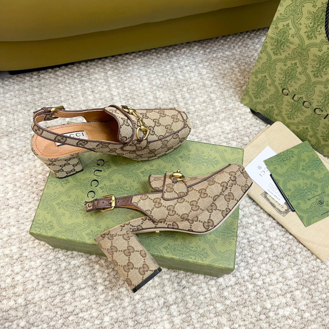GG HIGH - HEEL SLINGBACK WITH HORSEBIT LIGHT BROWN CALFSKIN