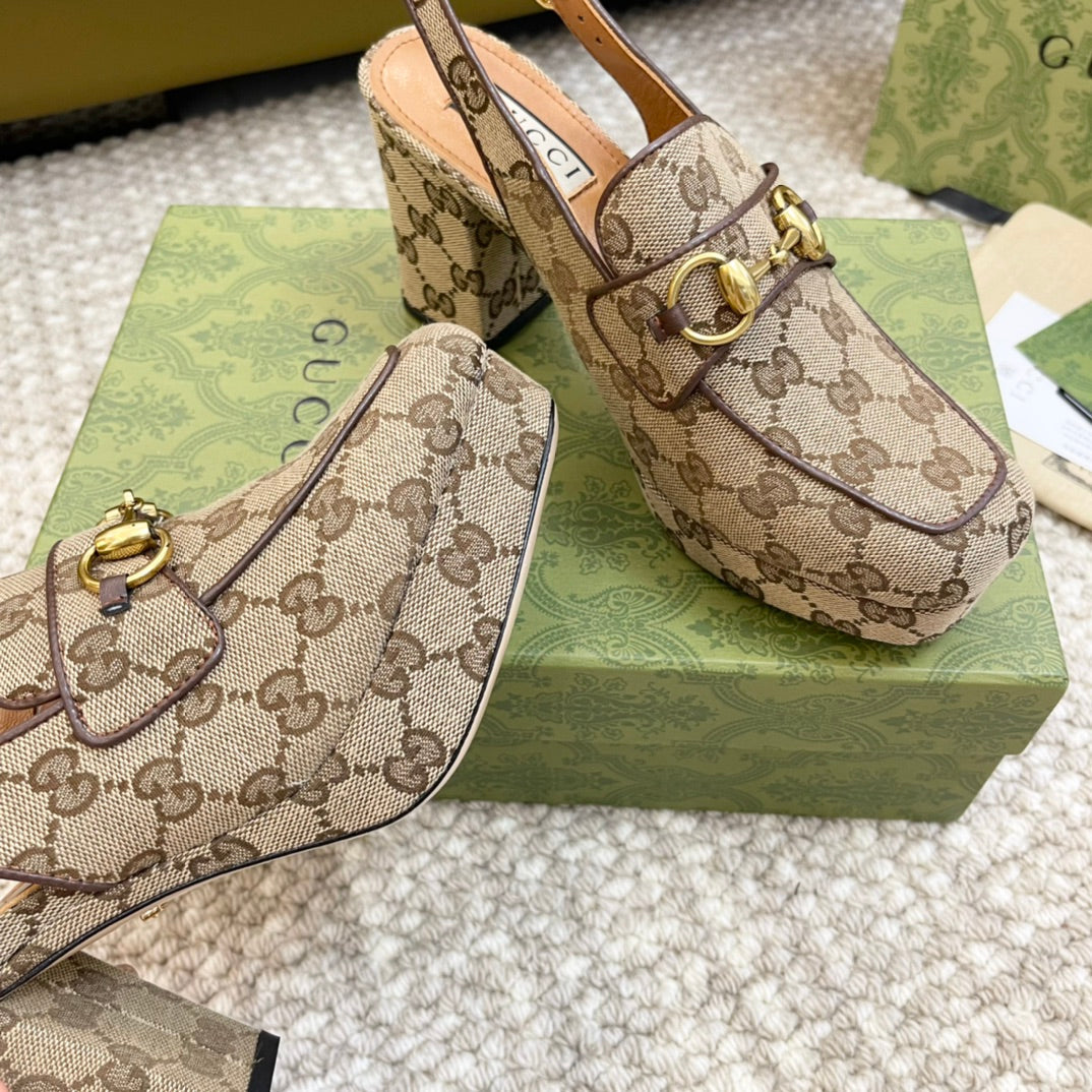 GG HIGH - HEEL SLINGBACK WITH HORSEBIT LIGHT BROWN CALFSKIN