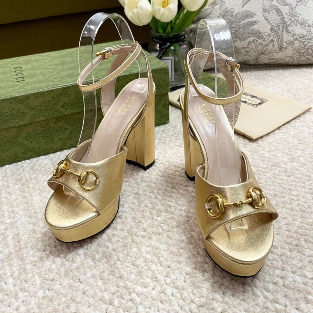 Horsebit 11cm Platform Sandal Gold Metalic Calfskin