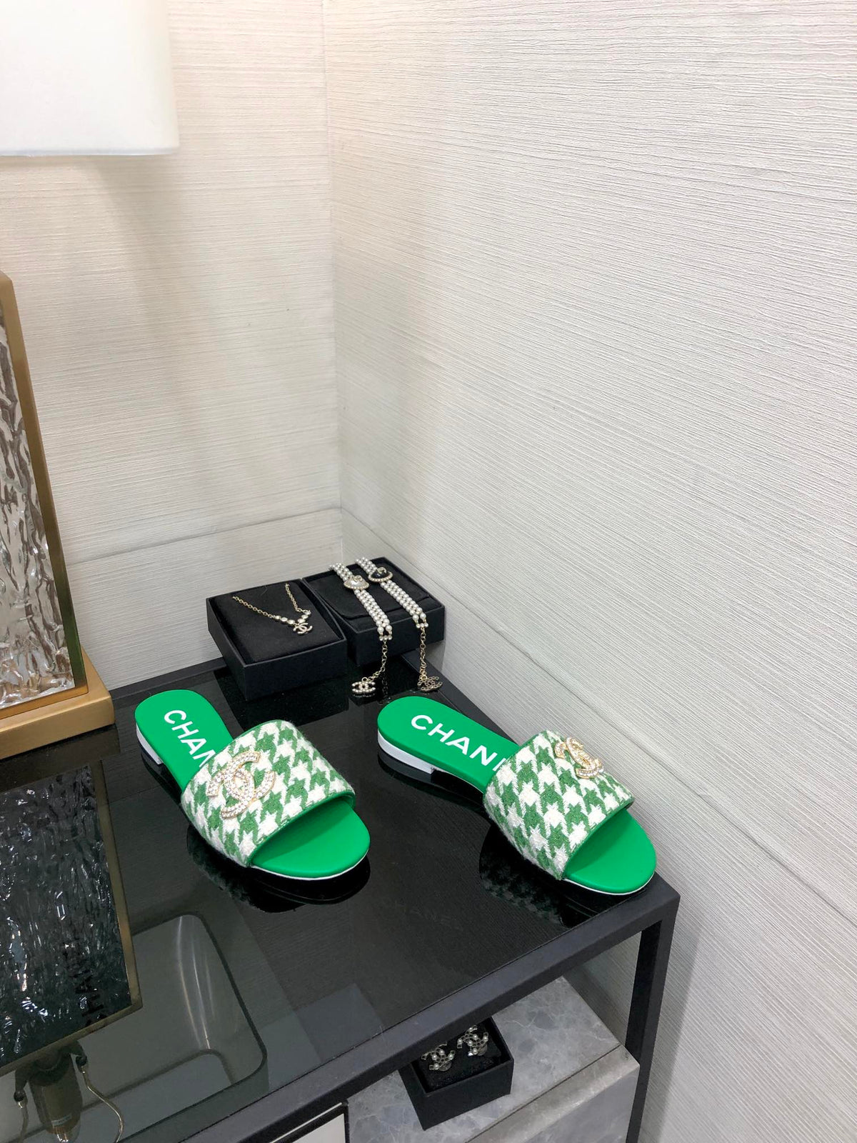 mule sandal green white houndstooth fabric