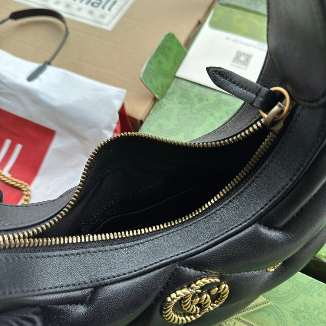 gg marmont half-moon shaped 21cm black calfskin gold hardware