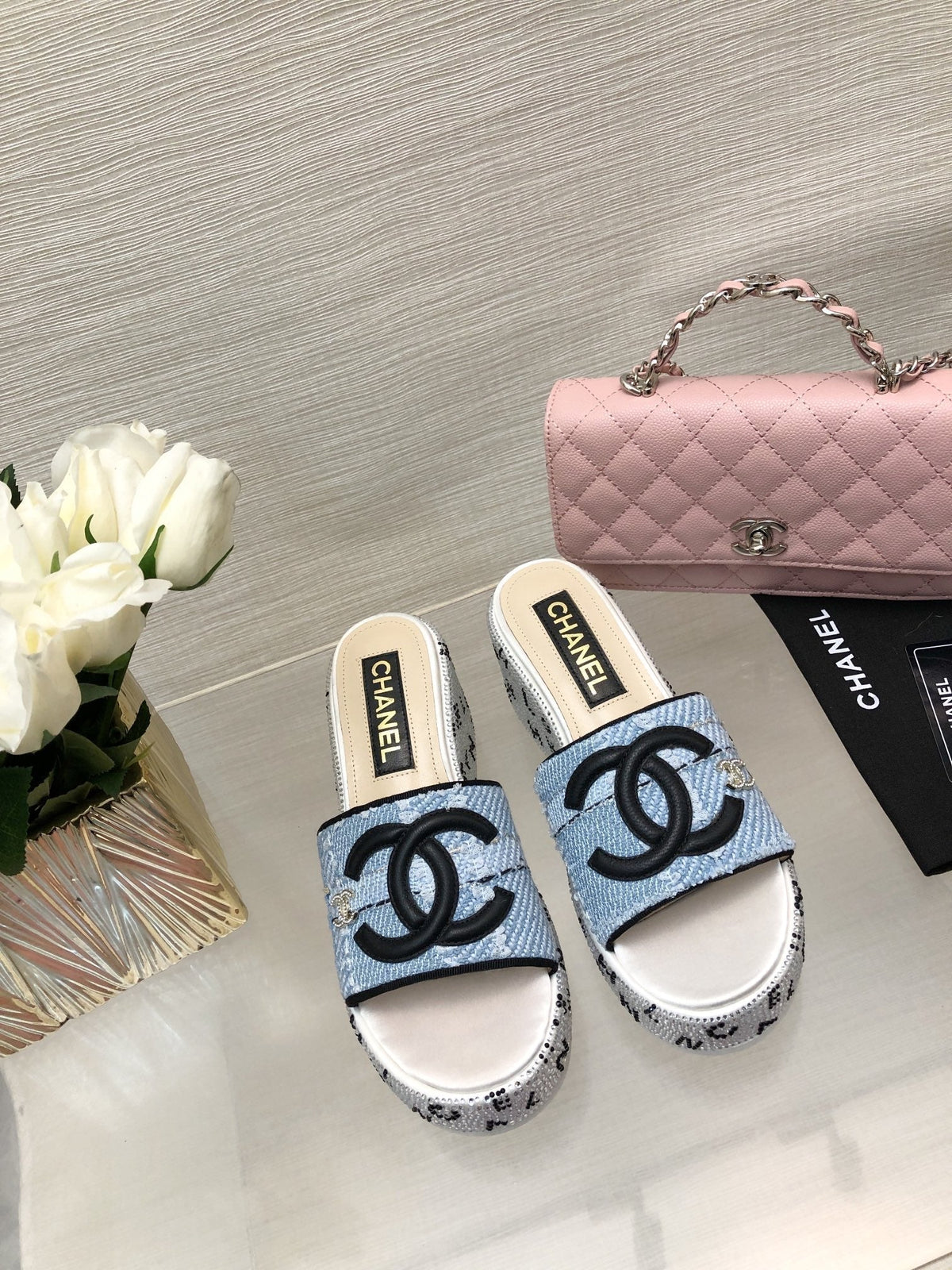 CC 25C Platform Slide Sandals Steed Blue Fabric 213131
