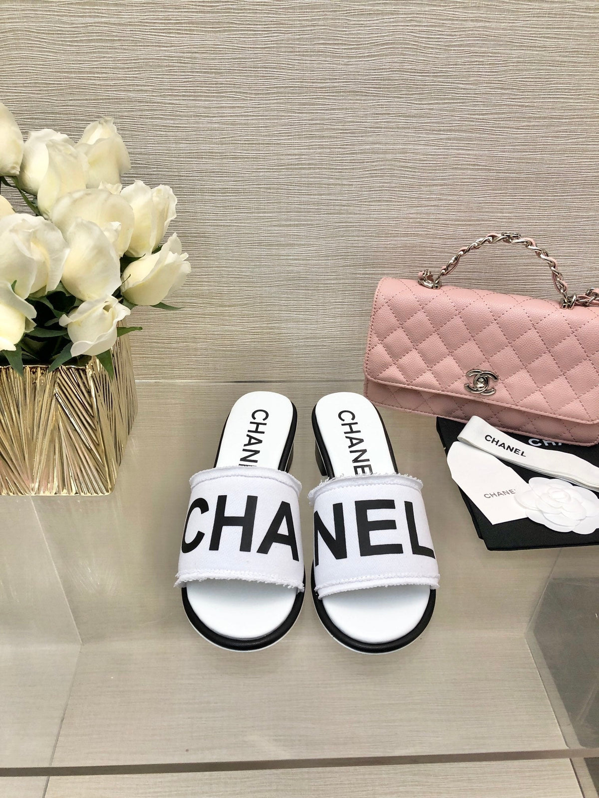 CC 25C Mid Heel Mule White Fabric Material 212959