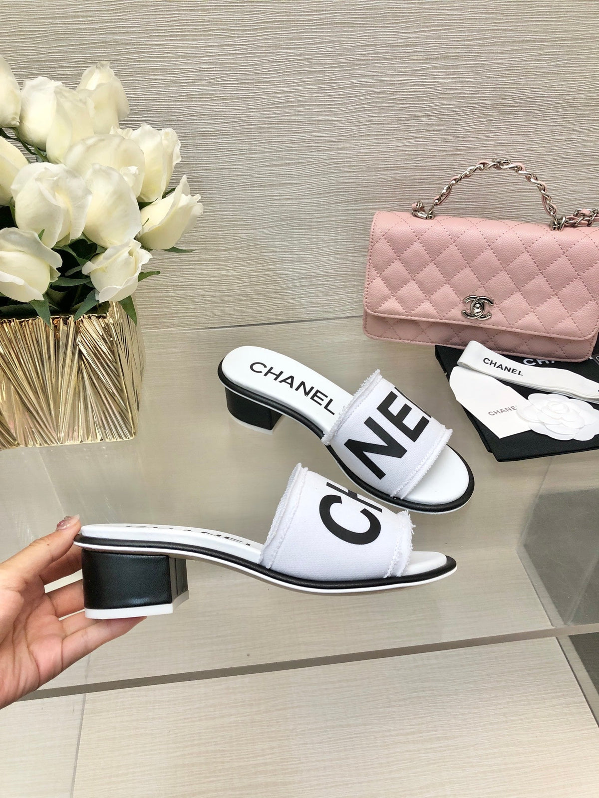 CC 25C Mid Heel Mule White Fabric Material 212959