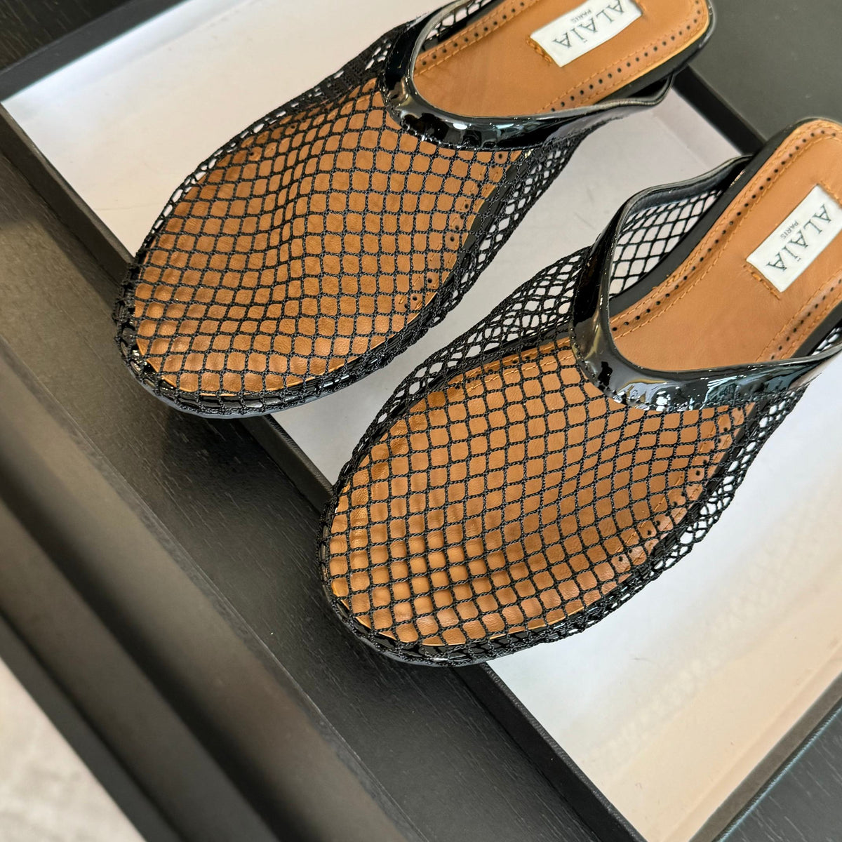 flat mule fishnet black lambskin