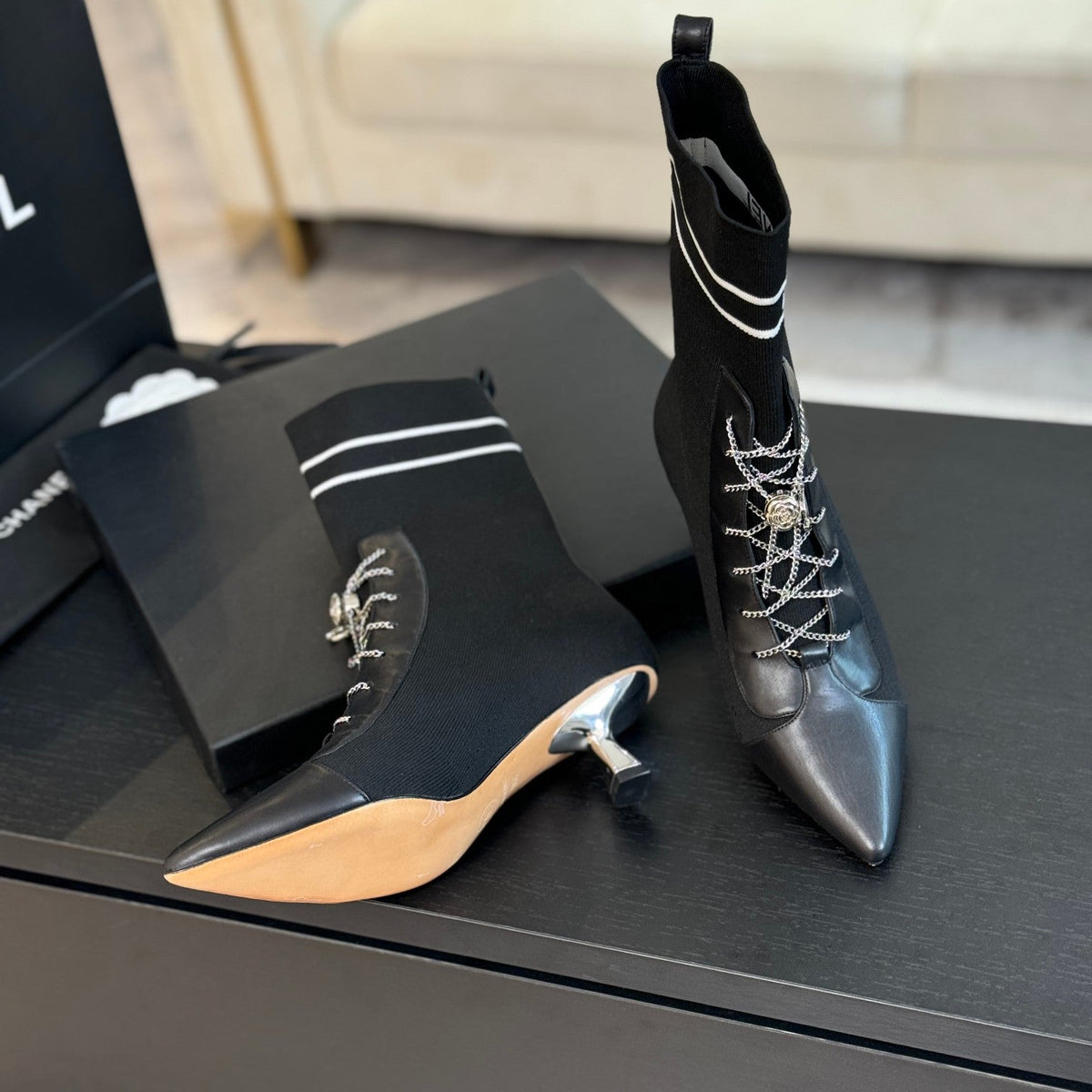 CC Ankle Boots Black Chain Wool And Lambskin