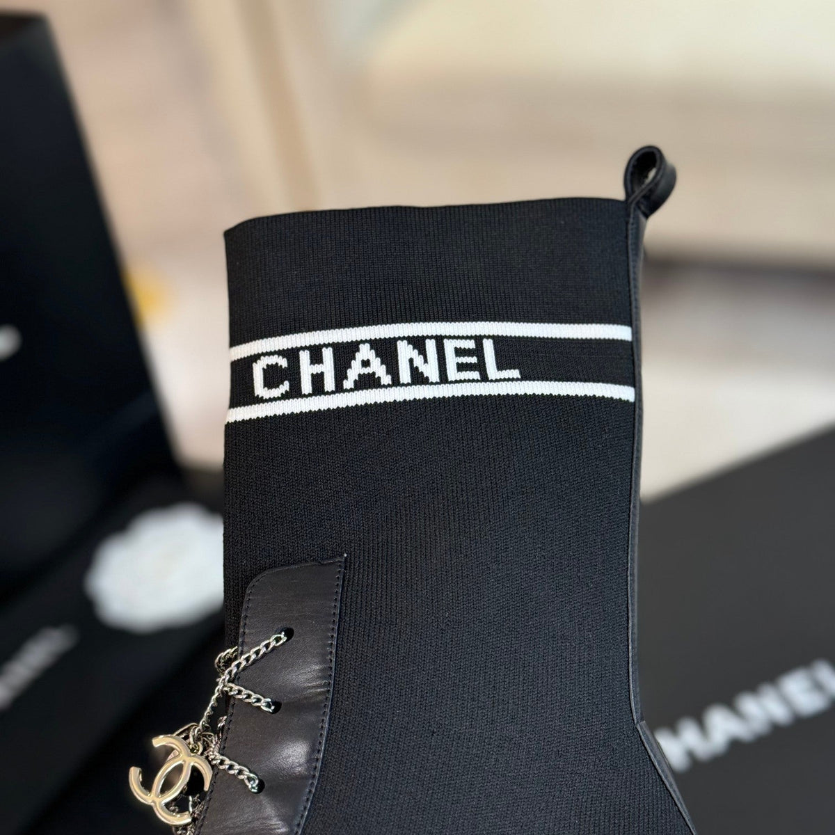 CC Ankle Boots Black Chain Wool And Lambskin