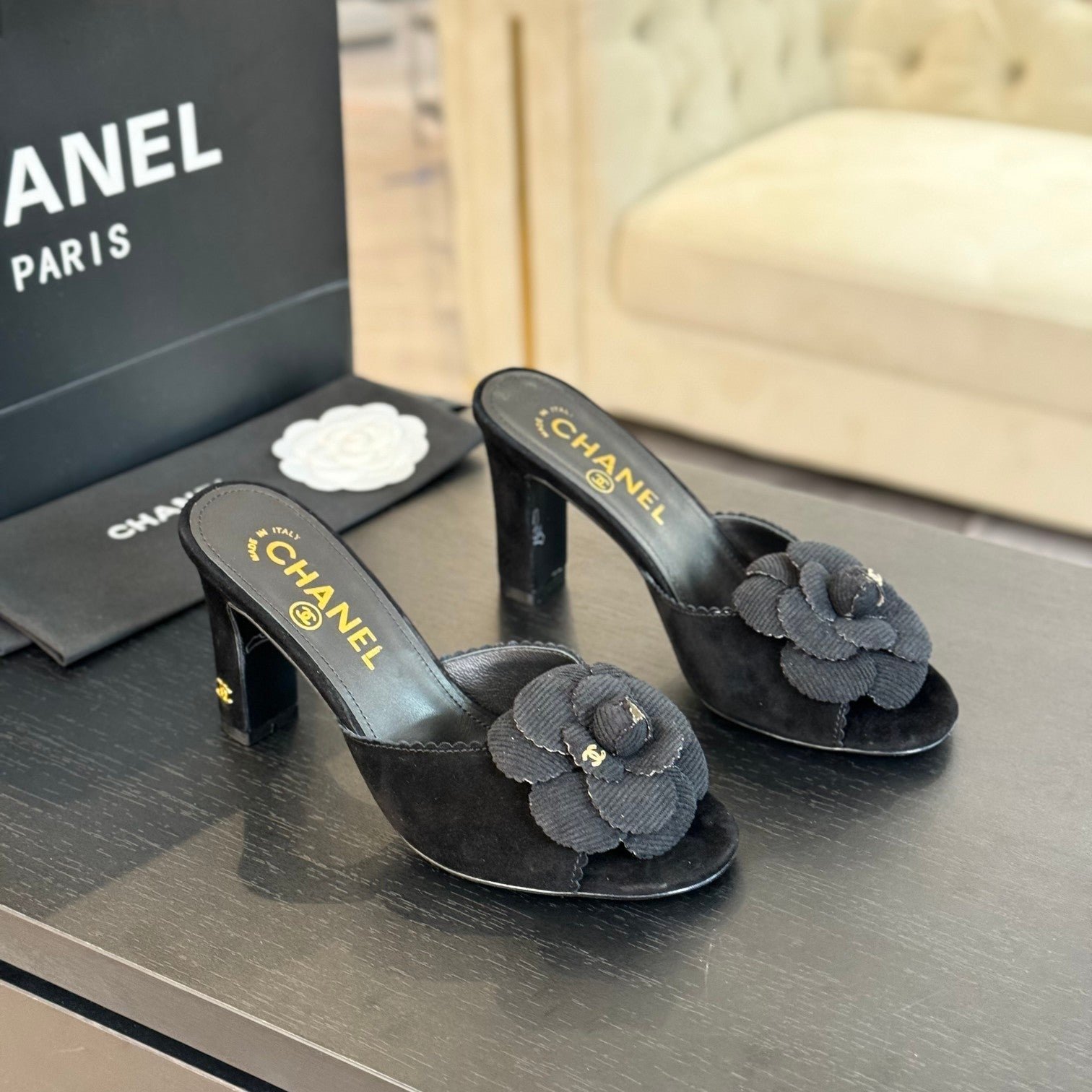 mule sandal flower high heel 80 black suede