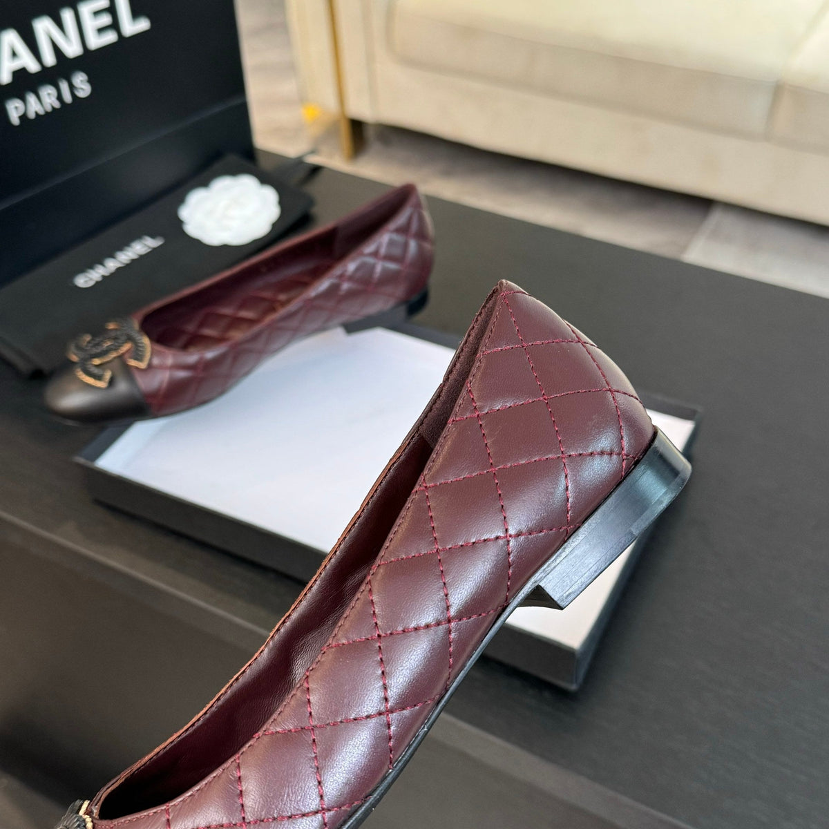 ballet flat burgundy quilted lambskin large black cc logo