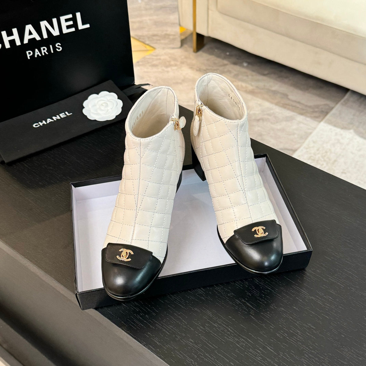 CC Ankle Boots 50mm White Black Quilted Lambskin