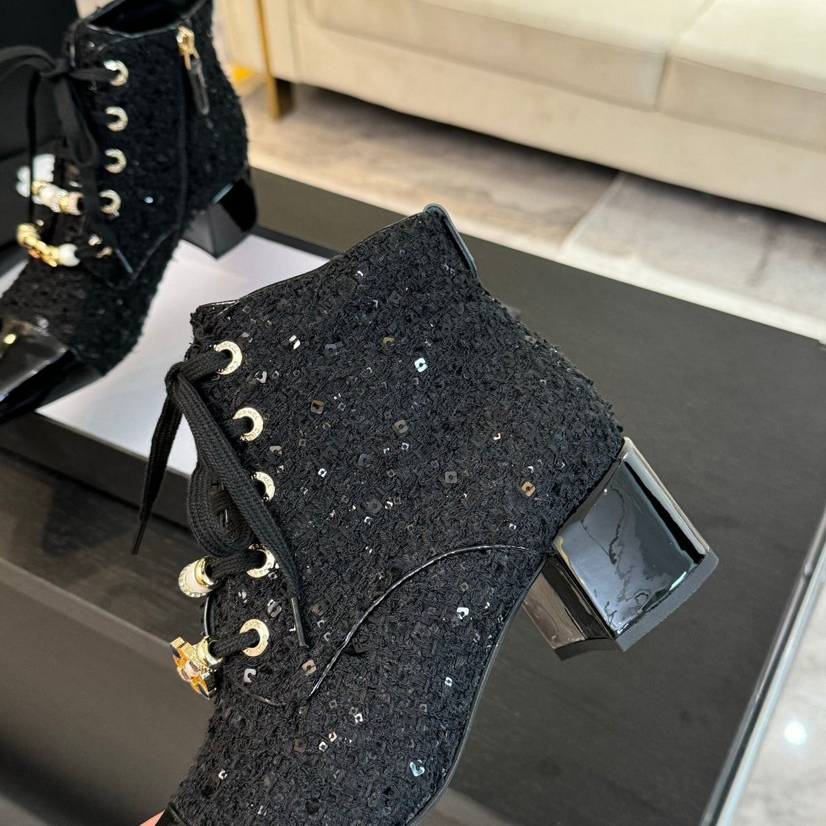 CC Ankle Boots Black Beaded Tweed Fabric And Lambskin