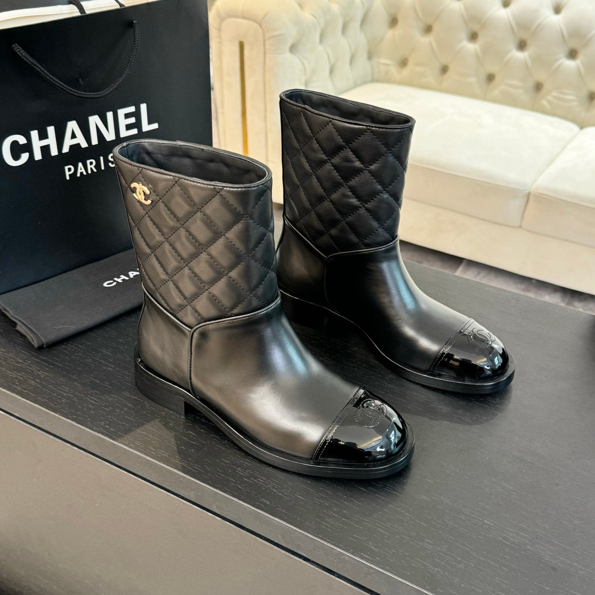 CC Ankle Boots 30mm Black Calfskin Quilted