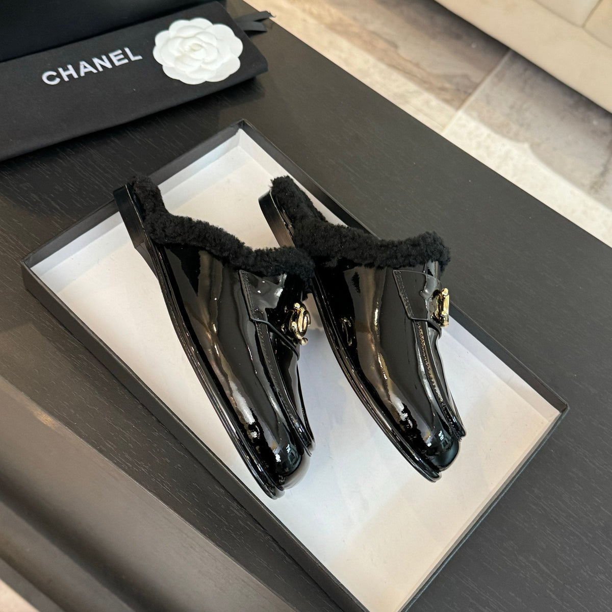 CC Mule Black Patent Calfskin Lamb Wool