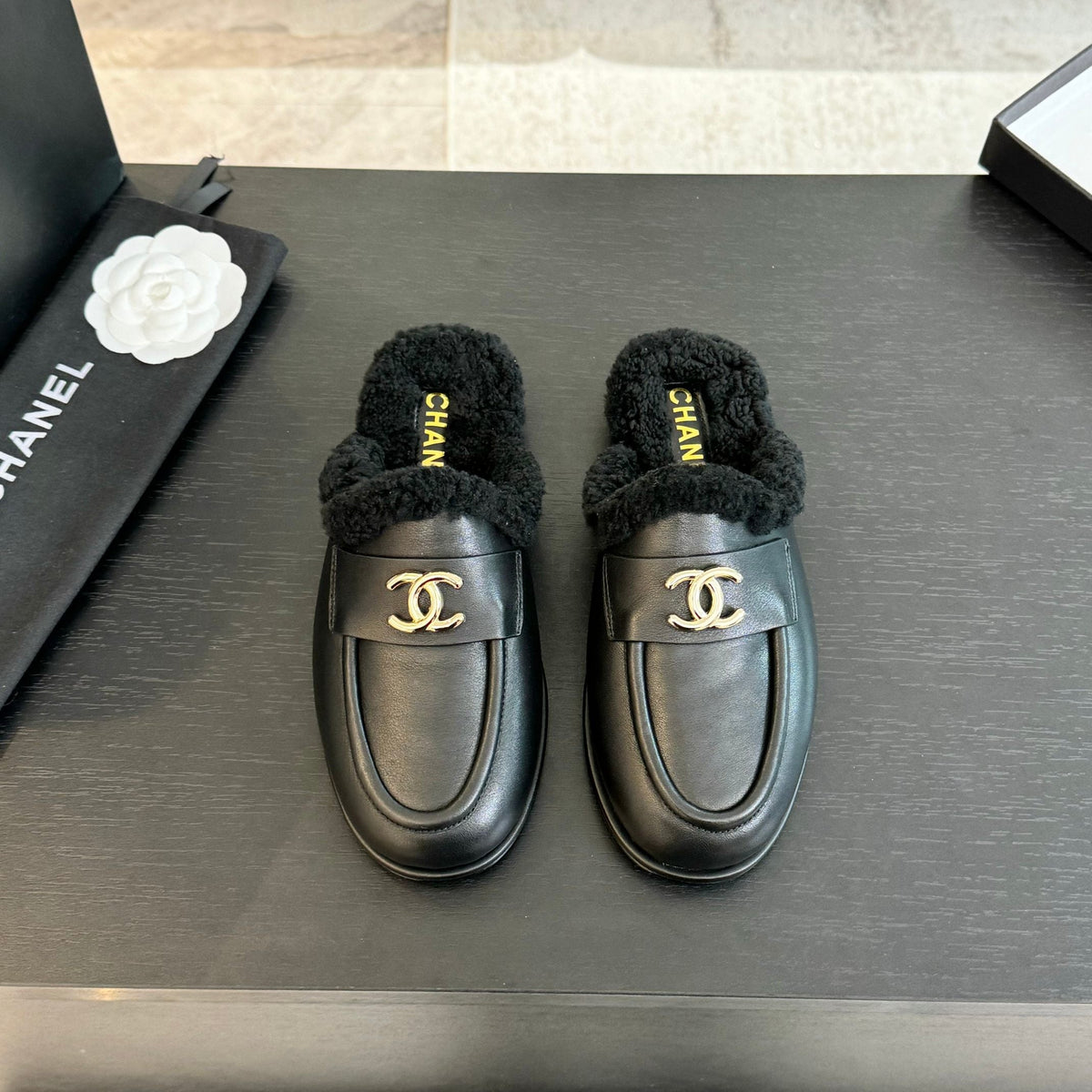 CC Mule Black Calfskin Lamb Wool