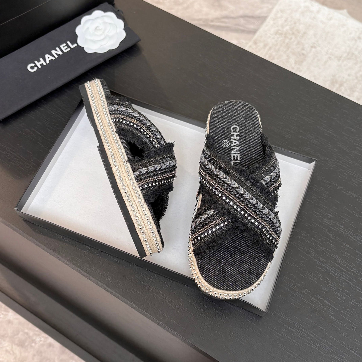 CC 25C Thick-Soled Slipper In Black Denim Space blue Fabric 213231