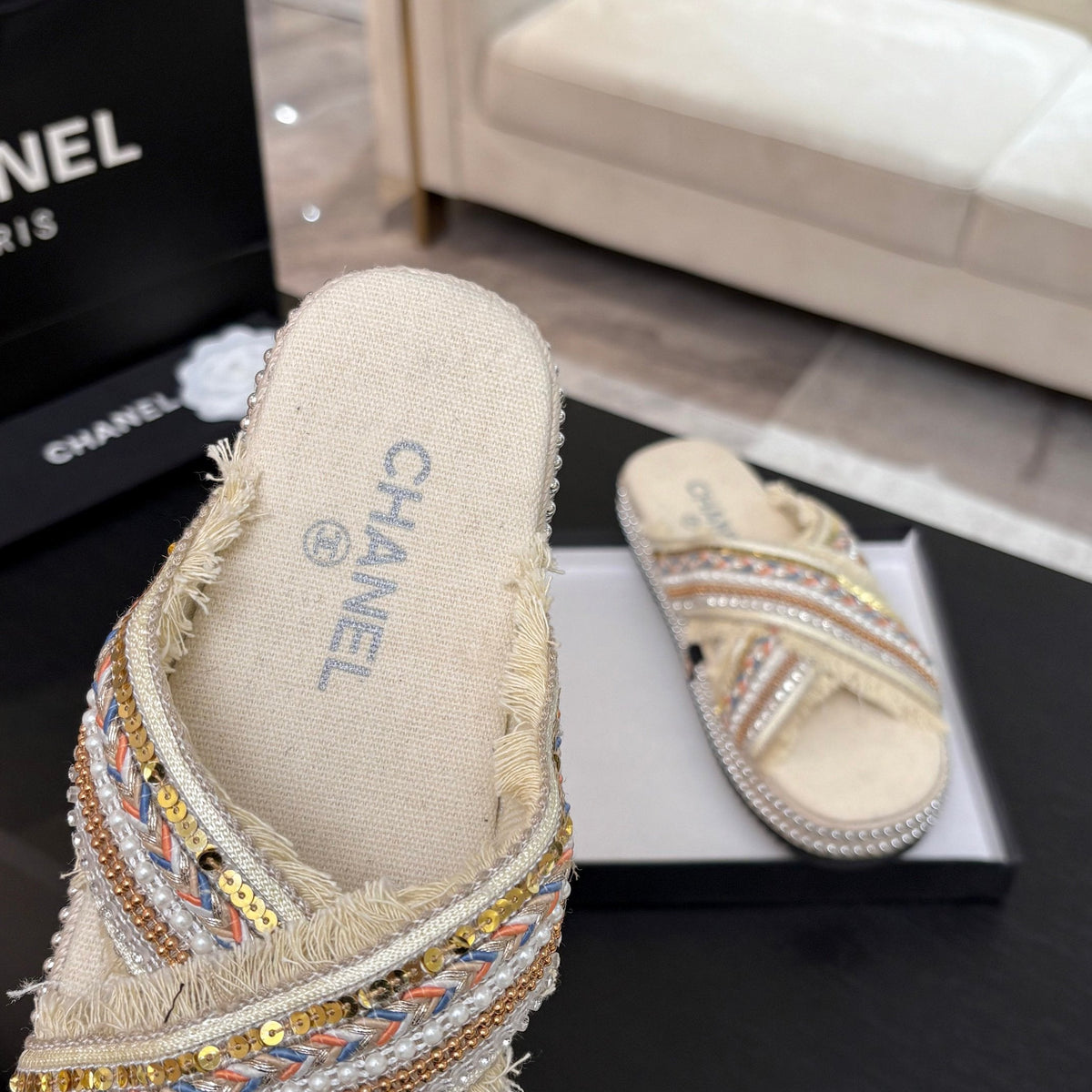 CC 25C Thick-Soled Slipper In Black Denim Navajo White Fabric 213233
