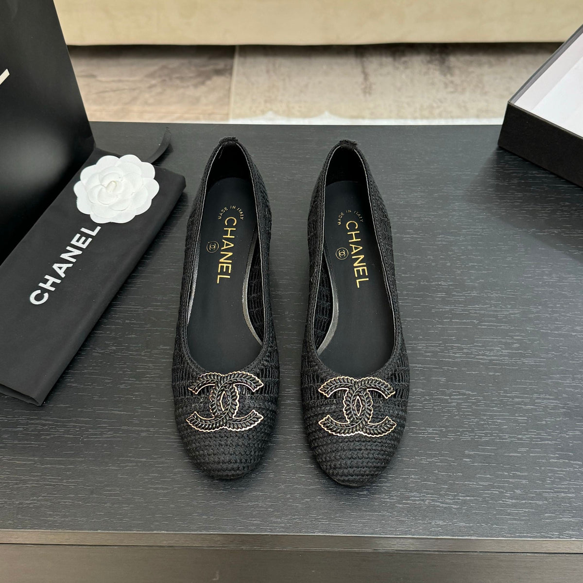 CC 25P Ballet Heel 50mm Black Raffia Large Logo