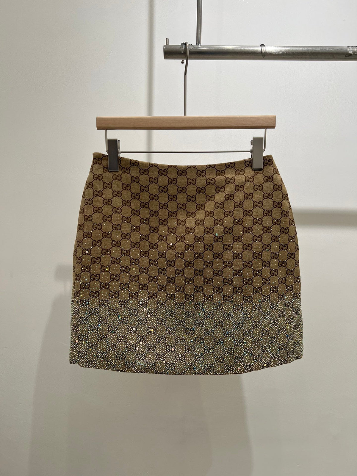 GG Beige Monogram Crystal Embellished Mini Skirt