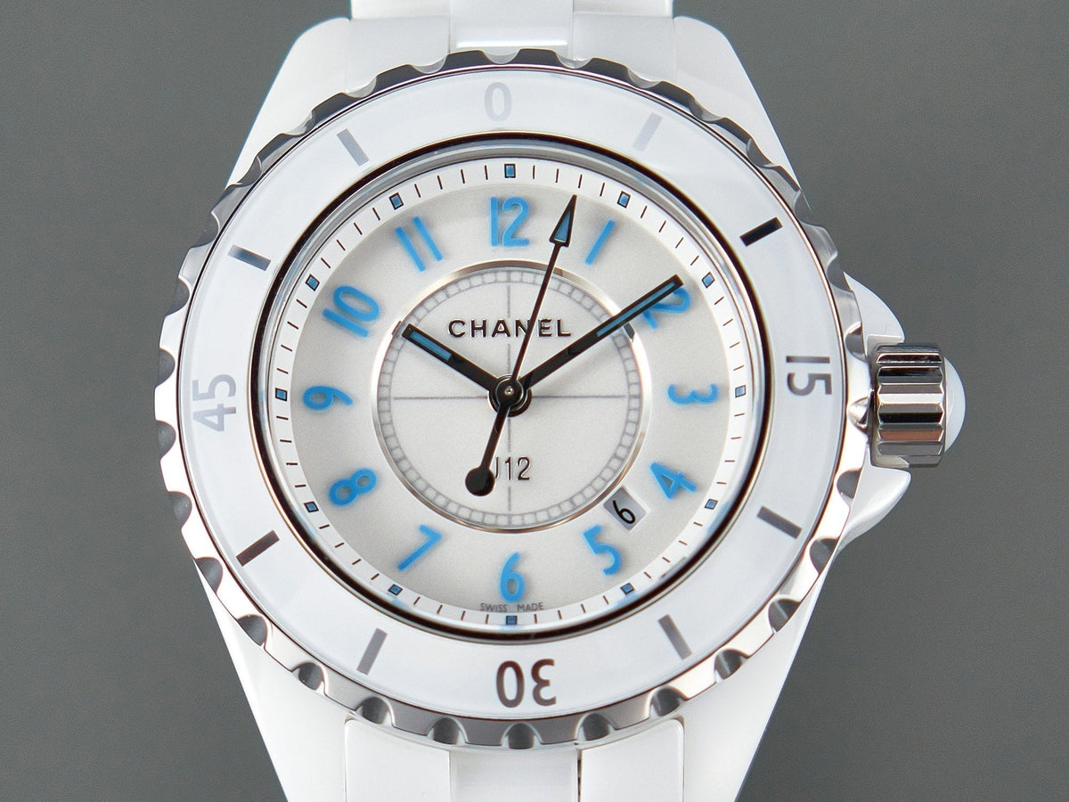 J12 Date Quartz White Ceramic Blue Numerals White Dial