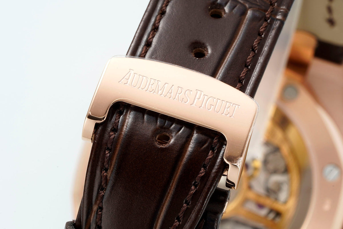 Audemars Piguet Royal Oak Chronograph 41mm Rose Gold White Dial Brown Leather