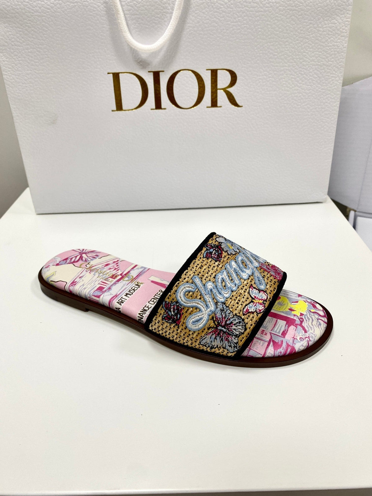 CD 26s Embroidered Sandals Pink Beige Multicolor Canvas Leather 683005