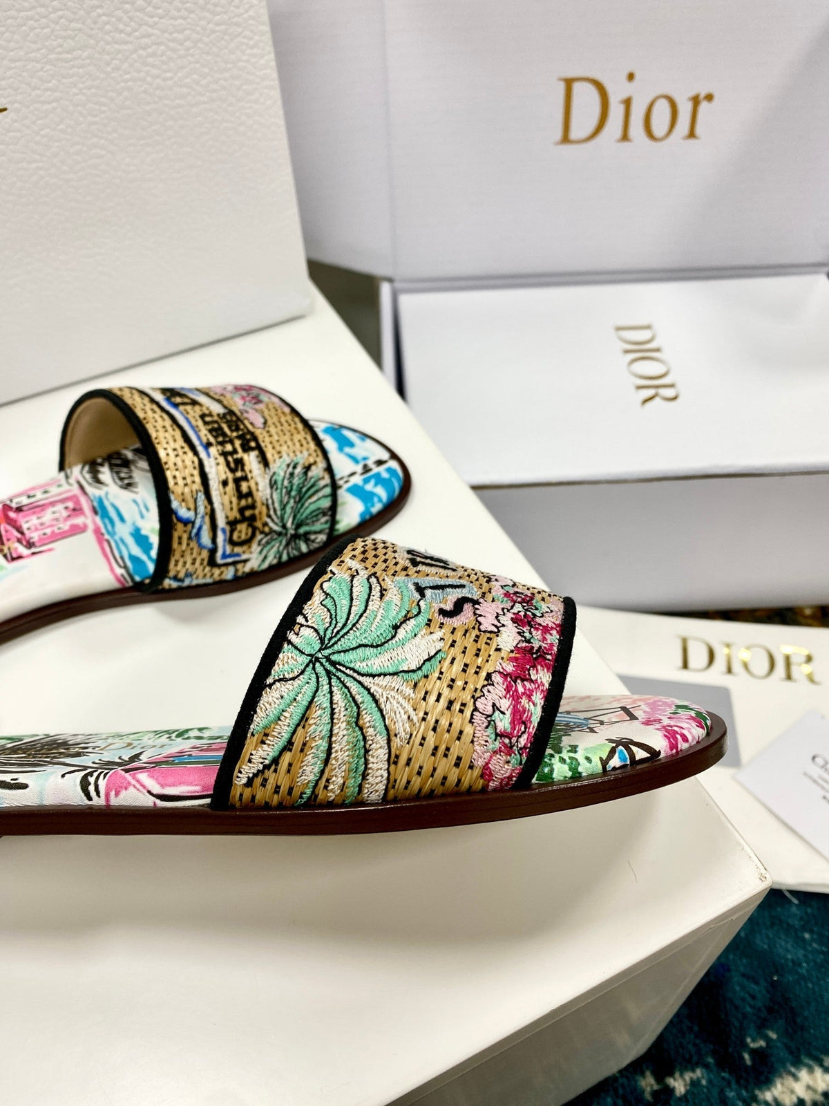 CD 26s Embroidered Sandals Blue Multicolor Canvas Leather 683006