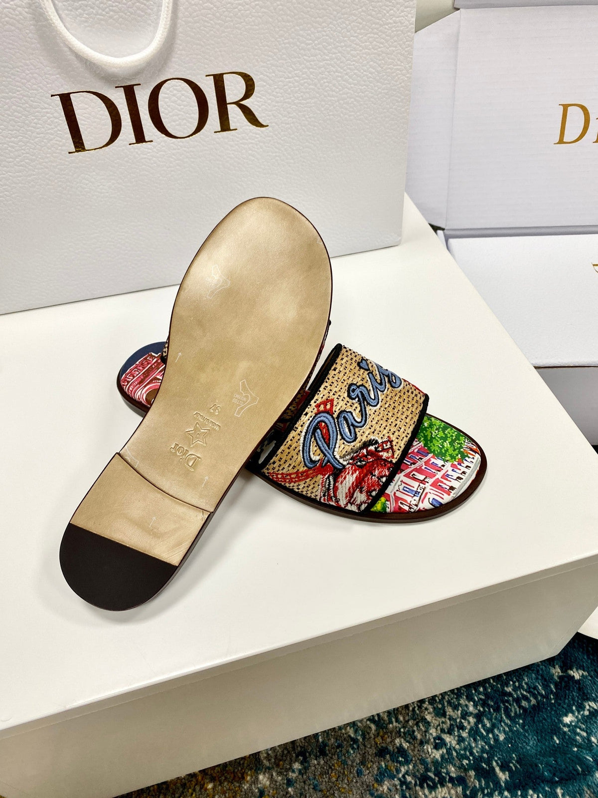 CD 26s Embroidered Sandals Beige Multicolor Canvas Leather 683009