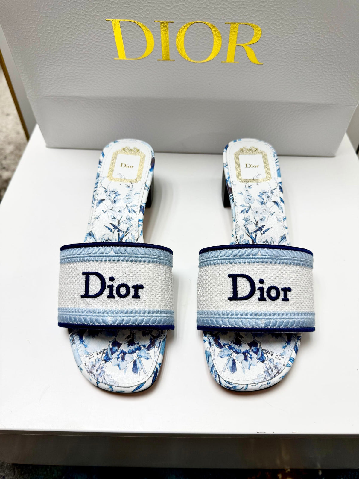 CD 26s Floral Embroidered Sandals White Blue Canvas 683028