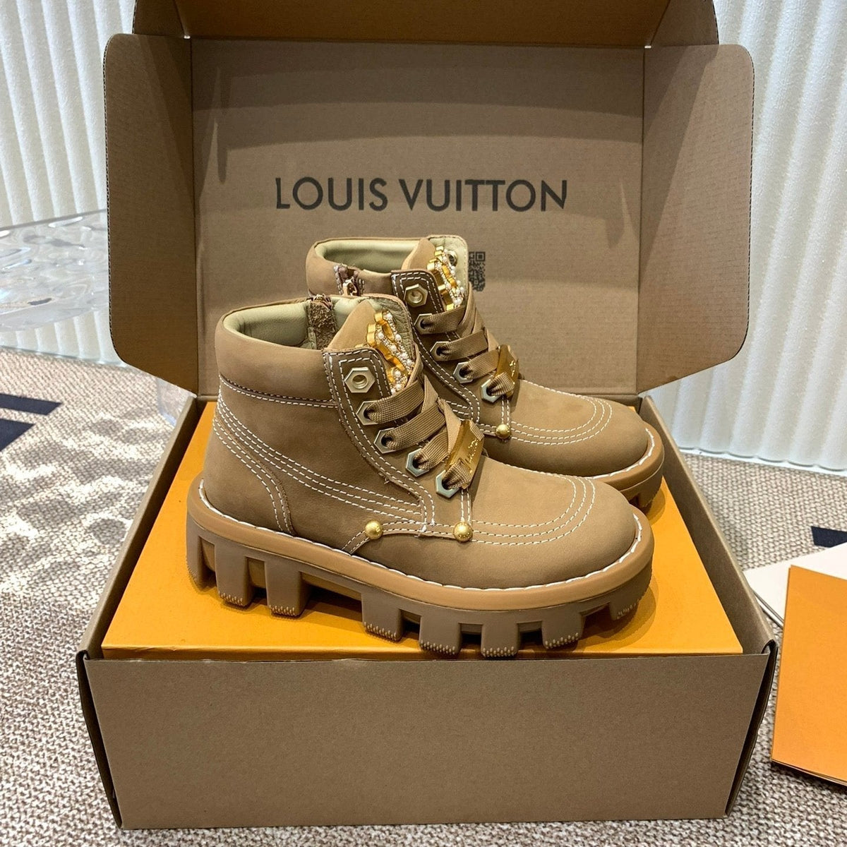 LV Checker Ankle Boots Beige Nubuck Calfskin