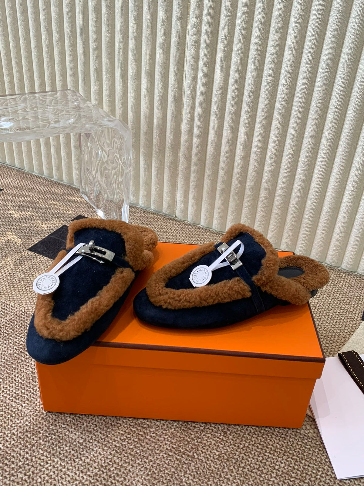 HM Oz Mule In Navy Blue mix Brown Suede Lined With Wool Fleece 113195