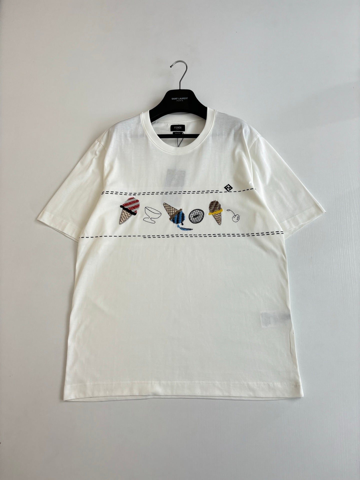 Fendi 2026 Fun Ice Cream Embroidered T-Shirt White Cotton 830011