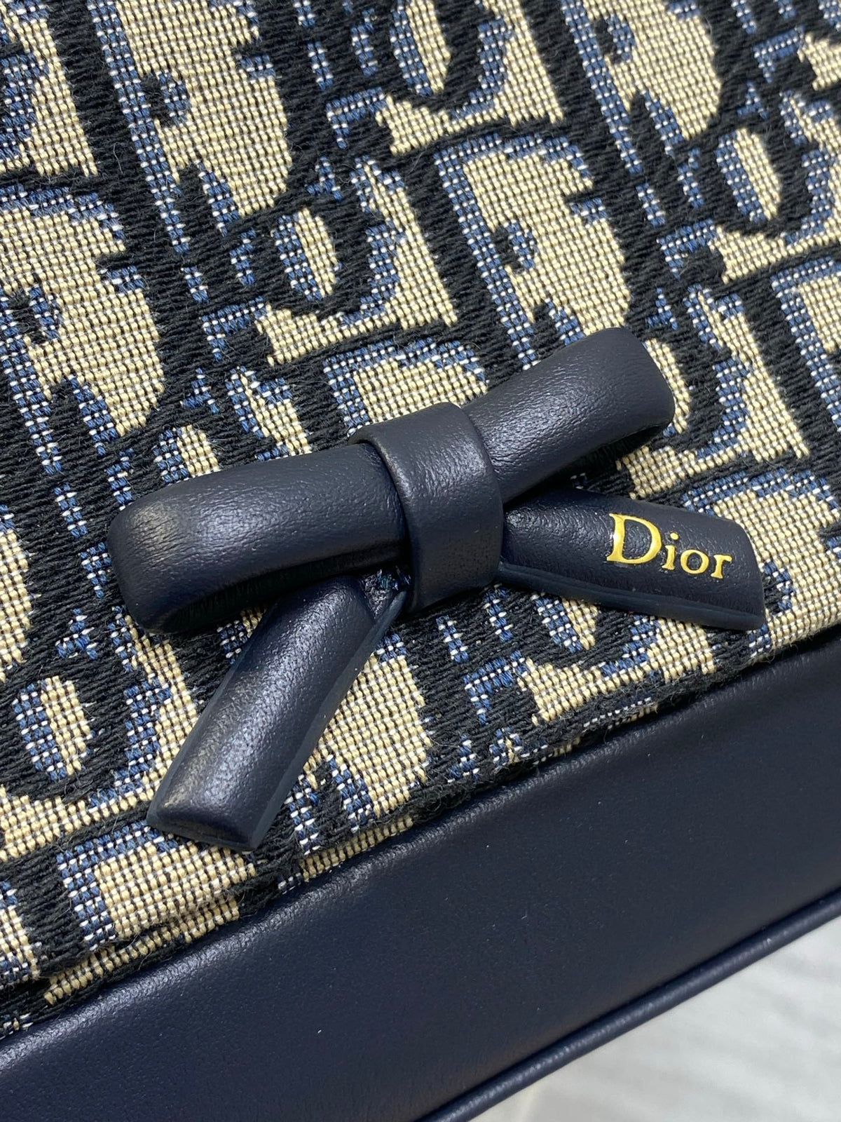 Dior 2026 Oblique Bow Bag 21cm Blue Beige Fabric Leather 378809