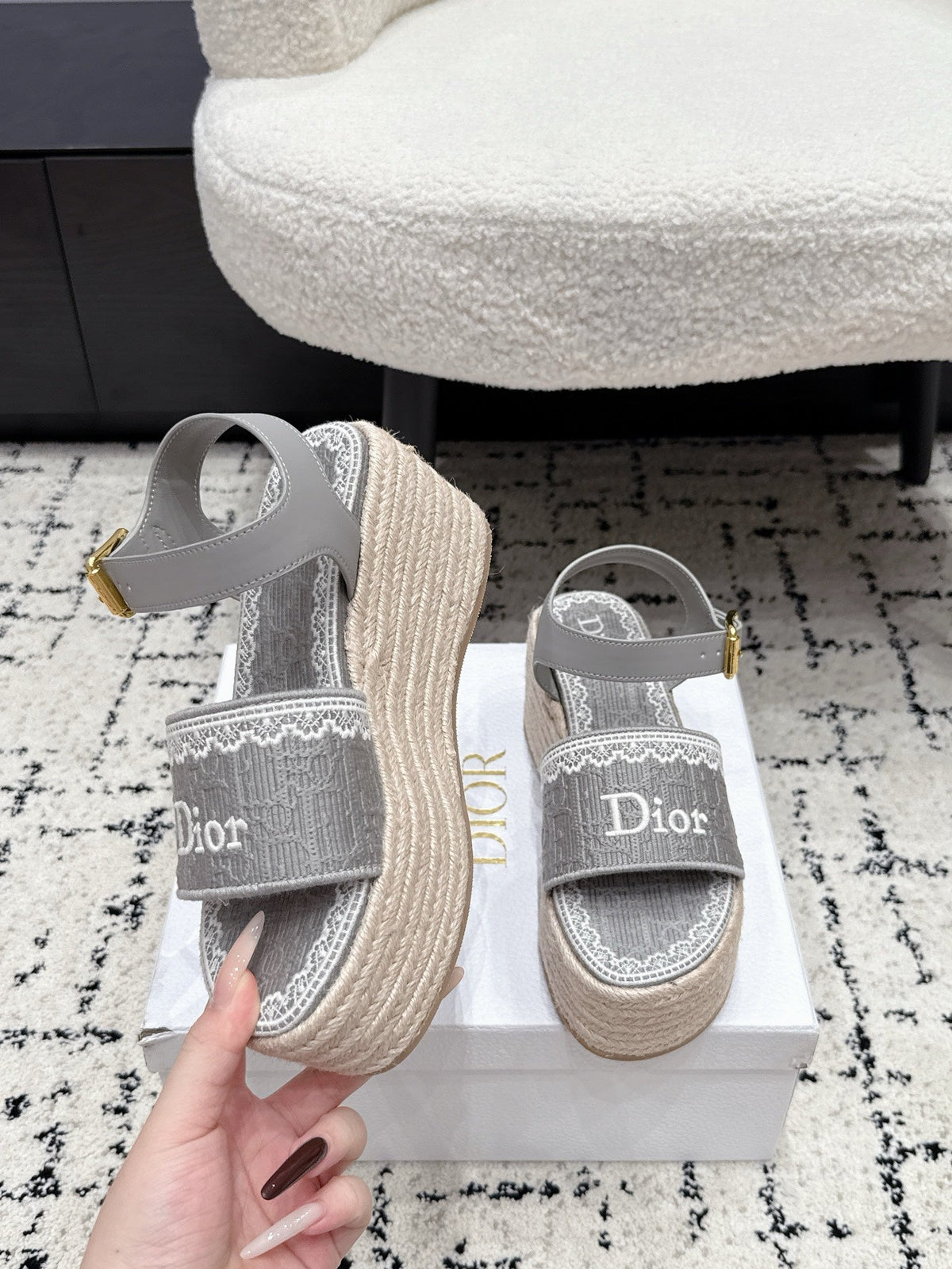 Dior 2026 Wedge Sandals with Lace Trim 85mm Straw Fabric 924822