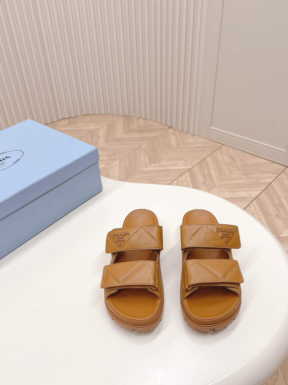 Pra Double Strap Quilted Slide 20 Tan Calfskin