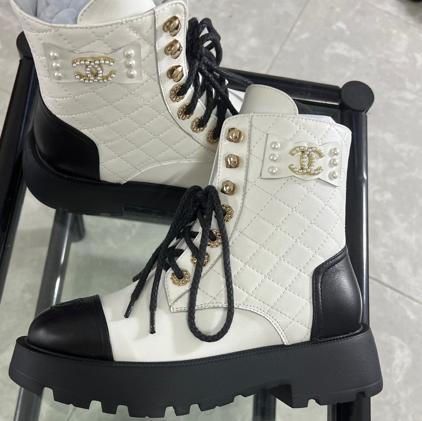 CC Combat Boots White Black Quilted Lambskin 944574
