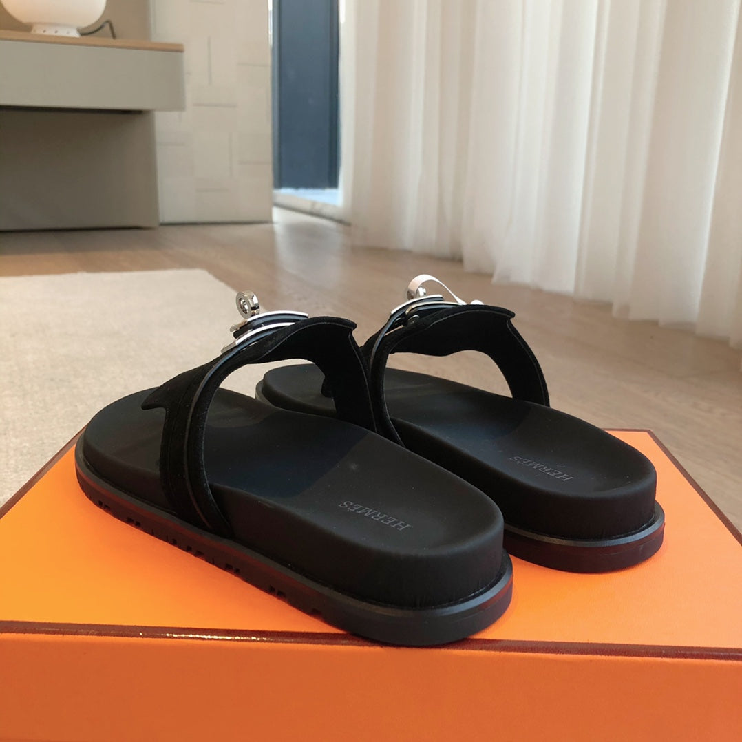 Empire Sandal Black Lambskin Suede Goatskin