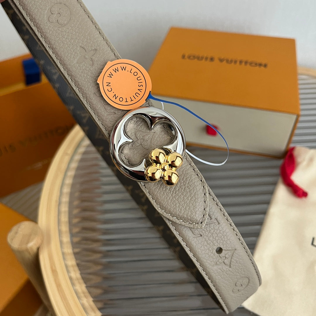 LV Flowergram Round 30mm Reversible Belt Grey Brown Empreinte Calfskin