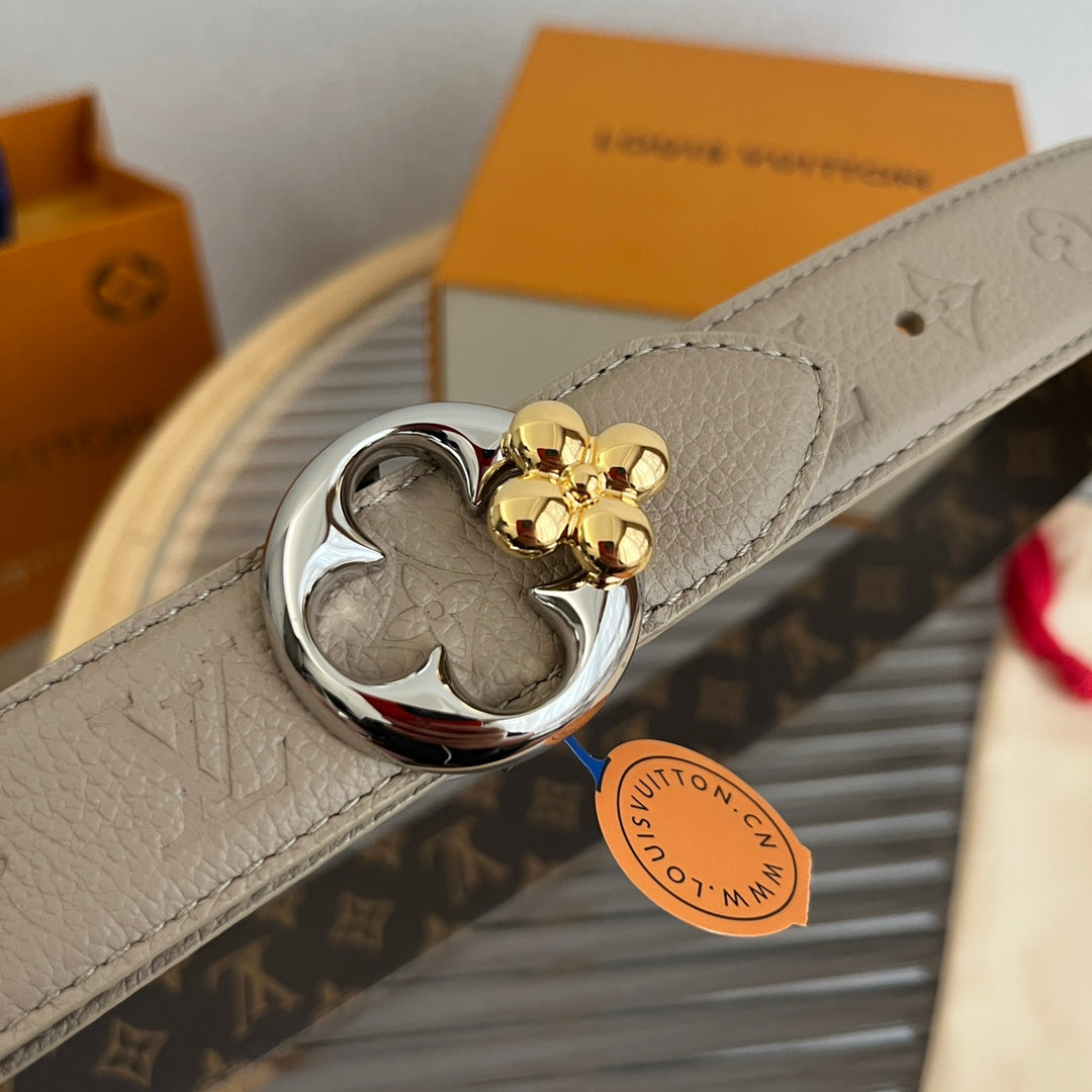 LV Flowergram Round 30mm Reversible Belt Grey Brown Empreinte Calfskin