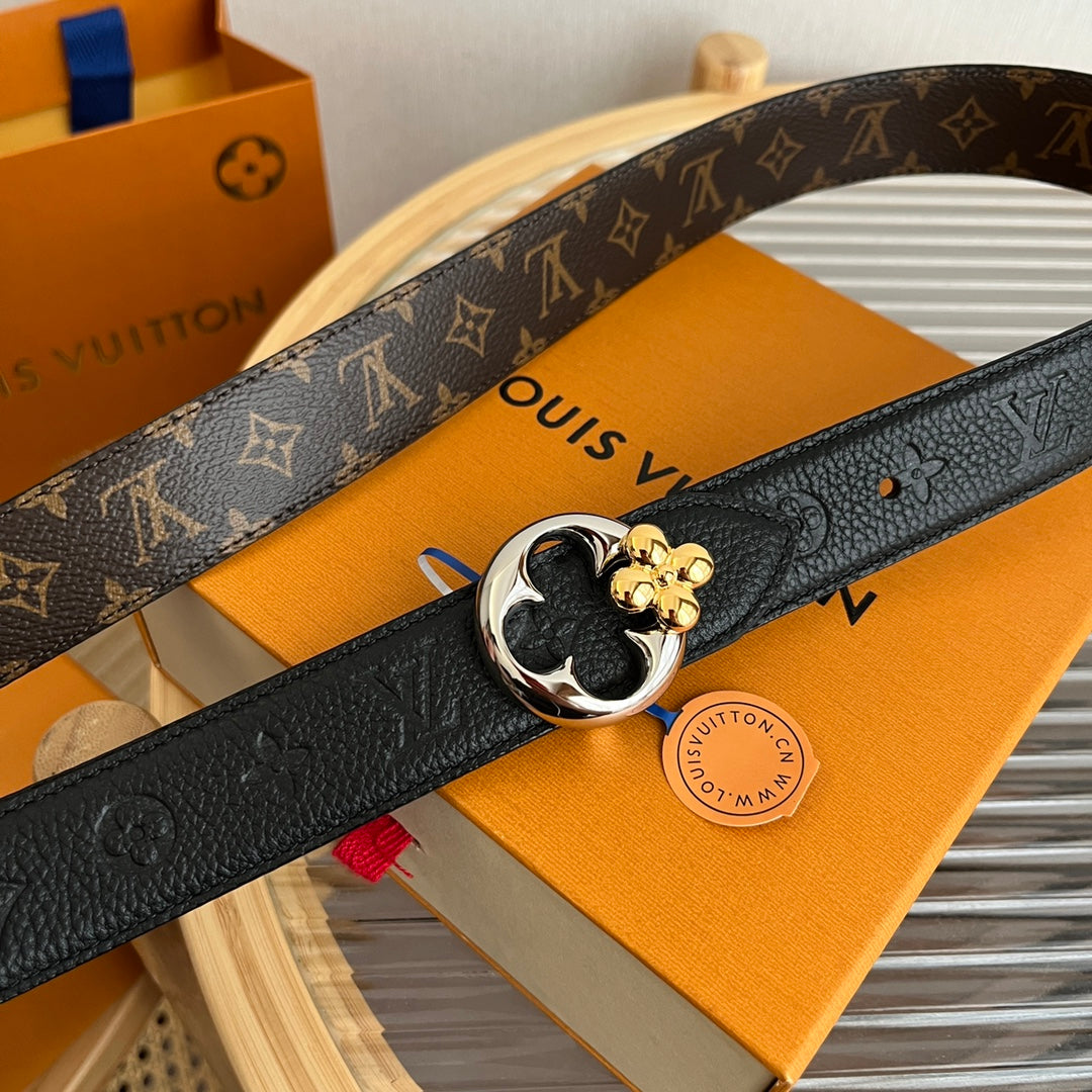LV Flowergram Round 30mm Reversible Belt Black Brown Empreinte Calfskin