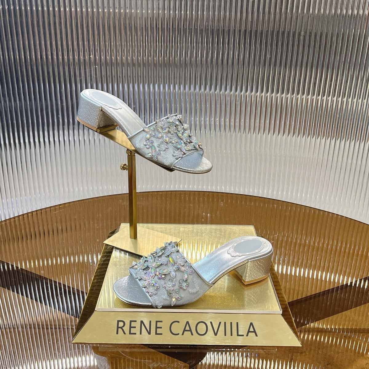 RC 25 Butterfly Flower Rhinestone Satin Sandals Silver Sheepskin 242919