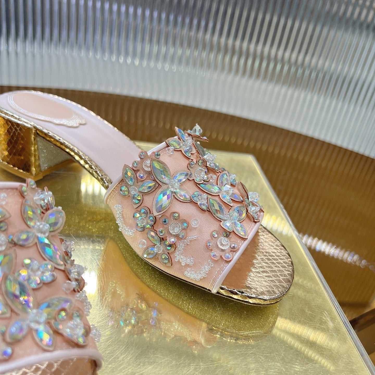 RC 25 Butterfly Flower Rhinestone Satin Sandals Pink Sheepskin 242920