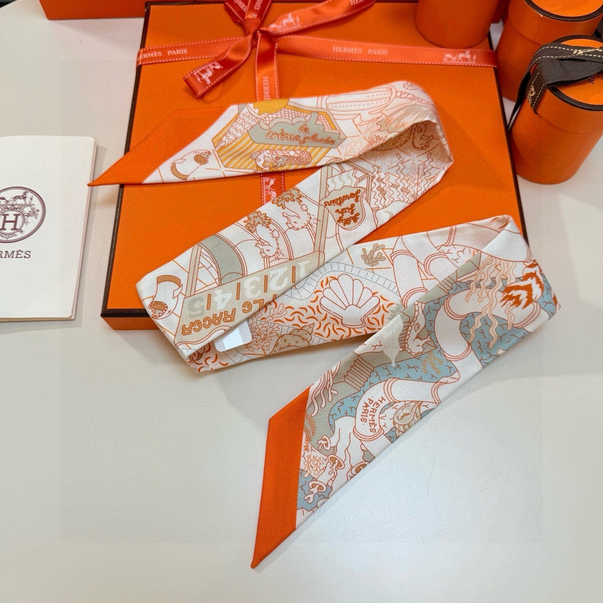 HM Twilly Mini Scarf 86CM Beige Orange Colorful Mulberry Silk 957047