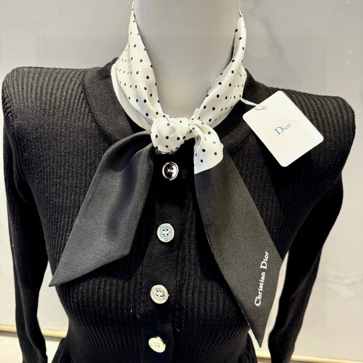 CD Twilly Mini Scarf 105cm Black White Mulberry Silk 957050