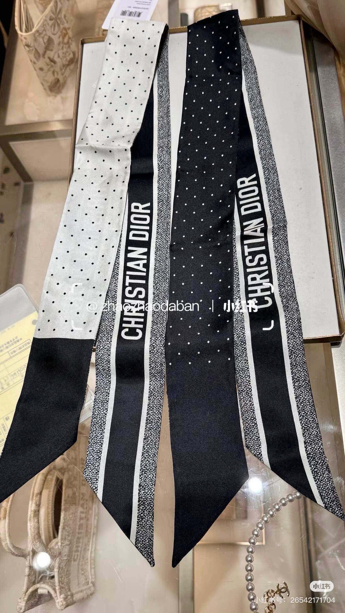 CD Twilly Mini Scarf 105cm Black White Mulberry Silk 957050