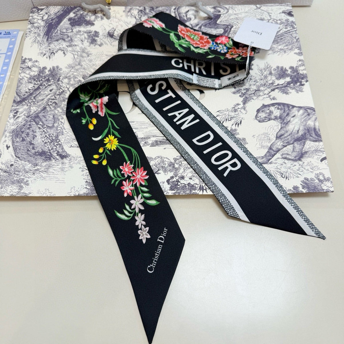 CD Twilly Mini Scarf 100cm Black Colorful Mulberry Silk 958859
