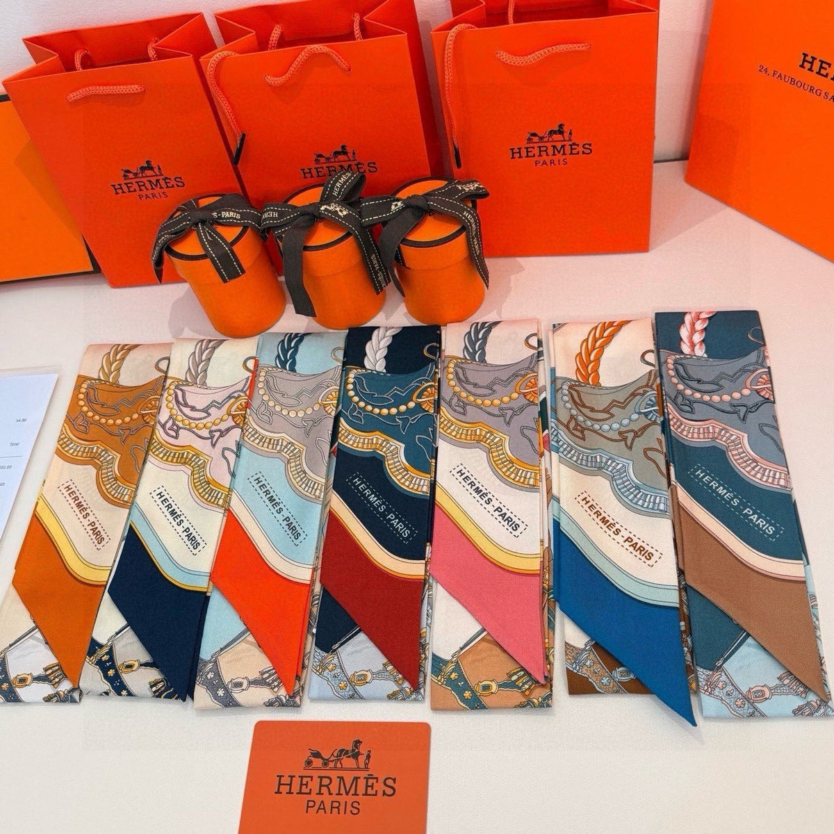 HM Twilly Mini Scarf 86CM Orange Blue Mulberry Silk 968829