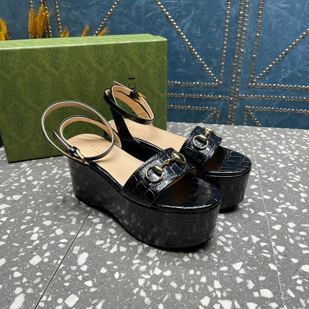 GG  HORSEBIT FLATFORM SANDAL GLOSSY BLACK CALFSKIN