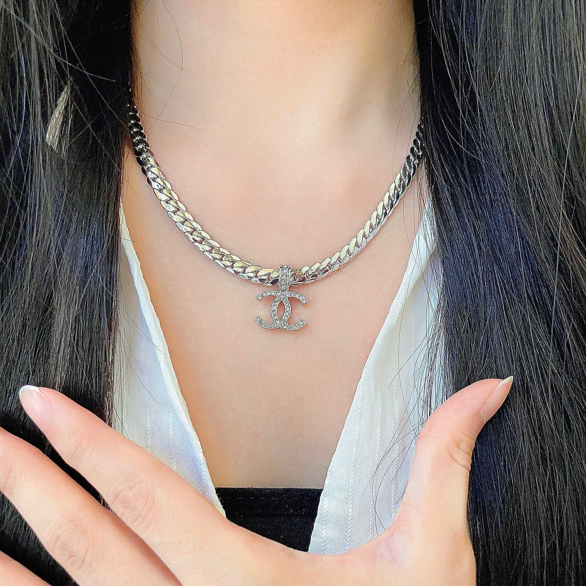 CC Plated Curb Chain Sliver Diamond Necklace